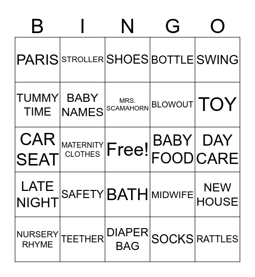 Kayla's Baby Shower Bingo Card