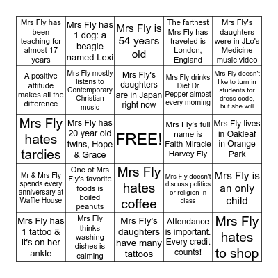 ALL ABOUT MRS. FLY Bingo Card