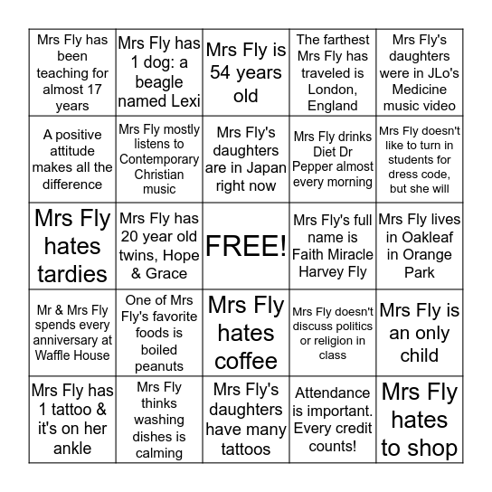 ALL ABOUT MRS. FLY Bingo Card