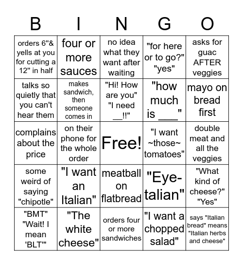 Subway Bingo Card