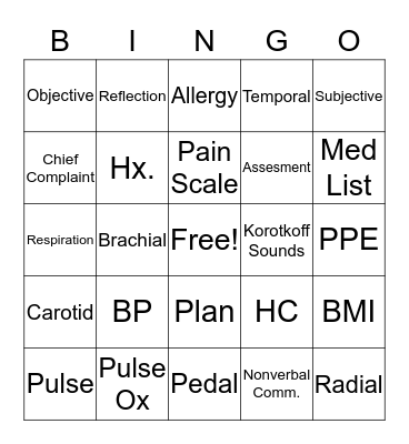 Patient Triage and Assesment Bingo Card