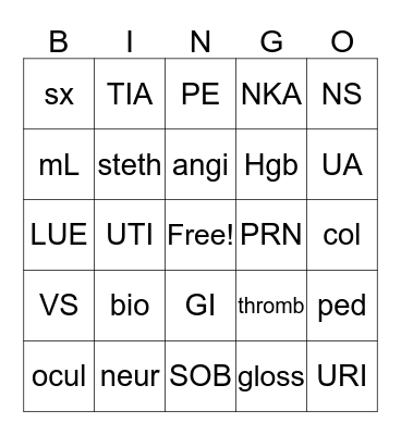 Medical Terminology Bingo Card