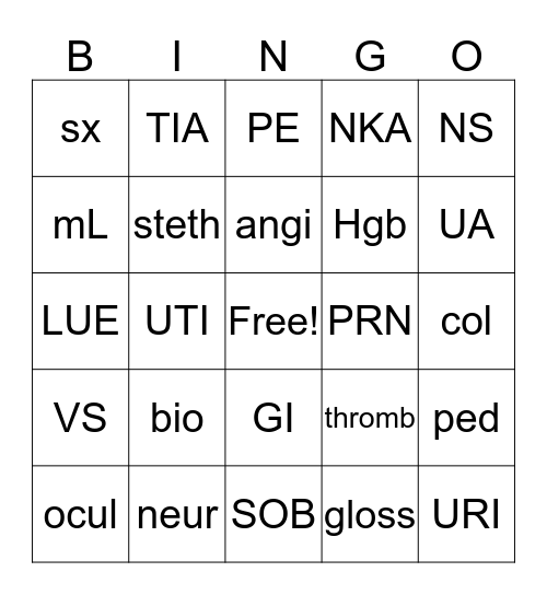 Medical Terminology Bingo Card