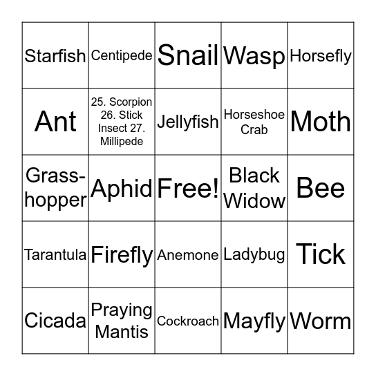 Bug Bingo Card