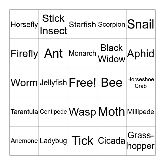 Bug Bingo Card