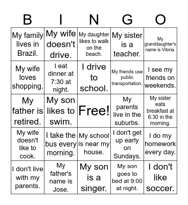 Unit 6- Transportation/ Family Members Bingo Card