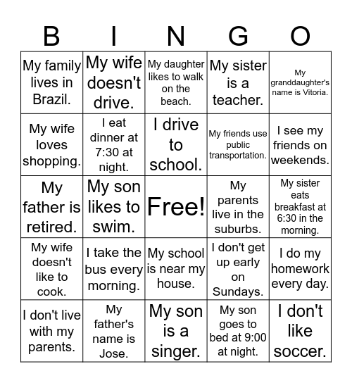 Unit 6- Transportation/ Family Members Bingo Card