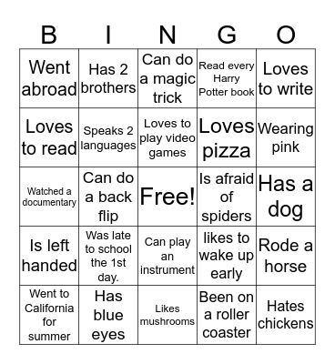Get to know you Bingo Card