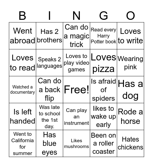 Get to know you Bingo Card