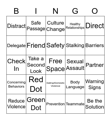 Bystander Intervention Bingo Card