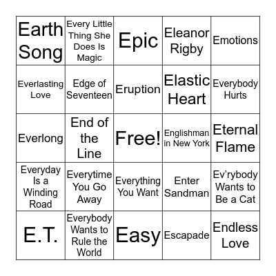 Songs That Start with E Bingo Card