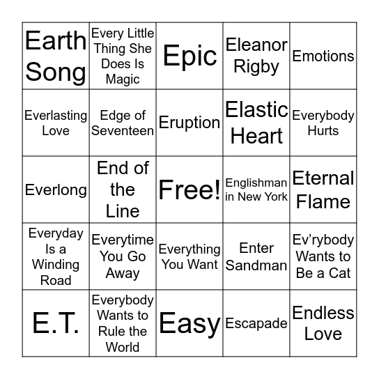 Songs That Start with E Bingo Card