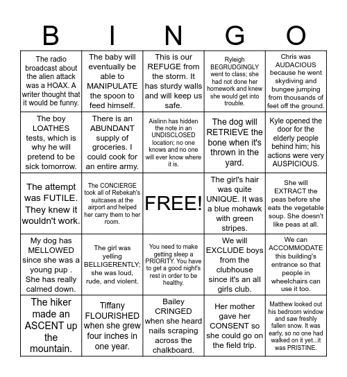 Context Clues Bingo Card