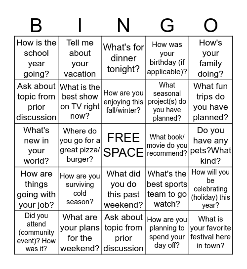 Conversation Starter Bingo Card