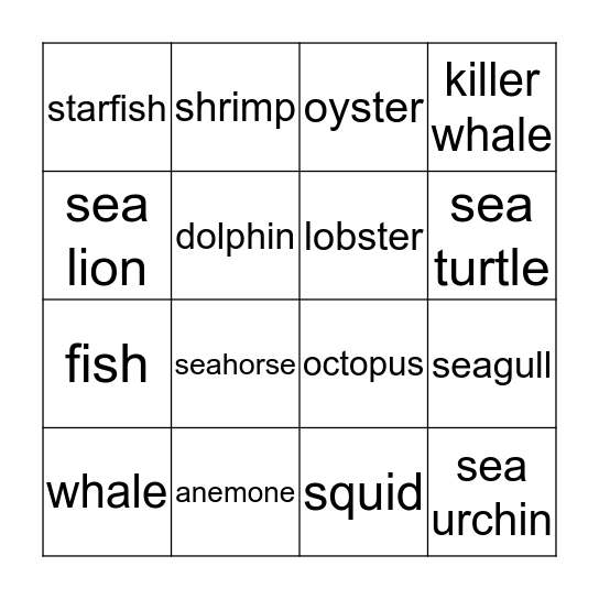 Sea Animals Bingo Card