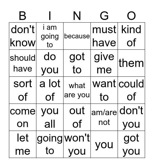 reduced speech Bingo Card