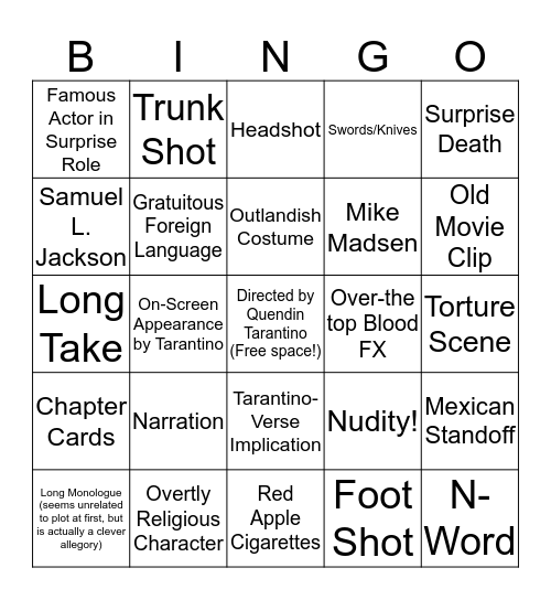 Quentin Tarantino Bingo (Once Upon A Time In Hollywood) Bingo Card