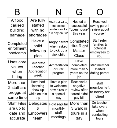 Child Care Directors BINGO Card