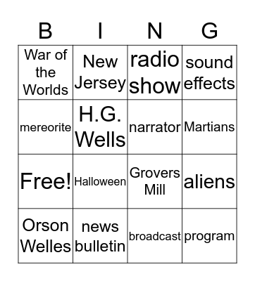 War of the Worlds 1938 Bingo Card