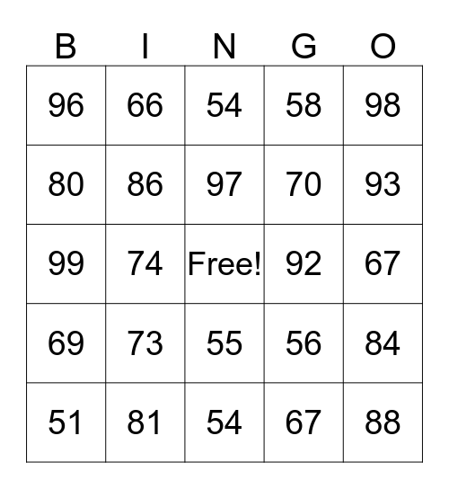 Numbers Over 50 Bingo Card