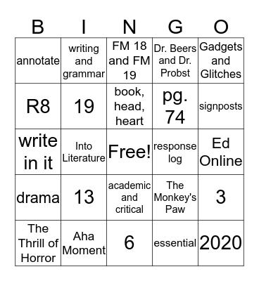 Into Literature Bingo Card