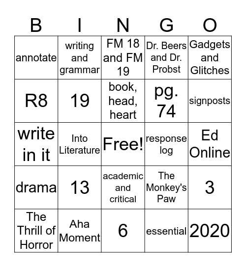 Into Literature Bingo Card