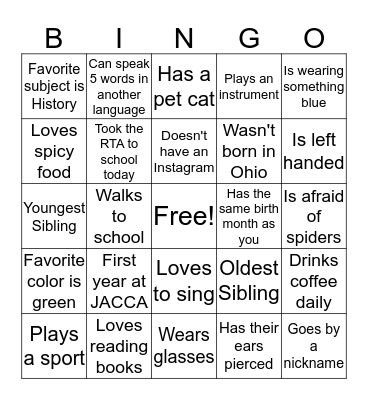 First Day of School BINGO Card