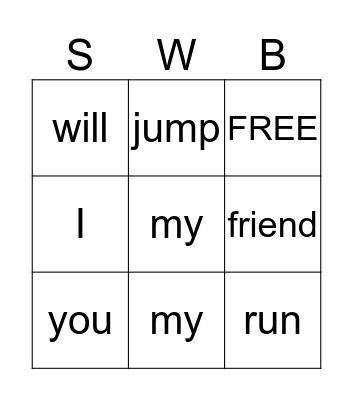 Sight Words Bingo Card