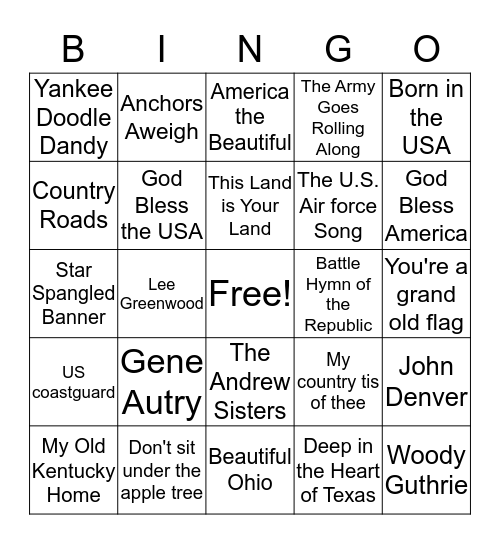Patriotic Musical Bingo!  Bingo Card