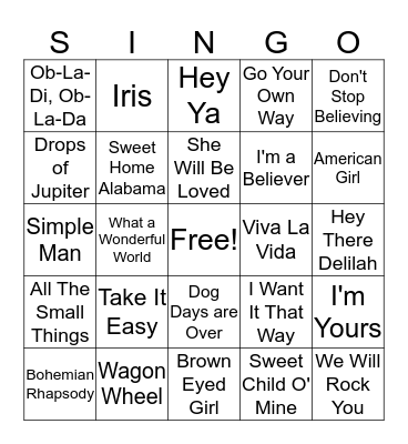 Campfire Songs Bingo Card