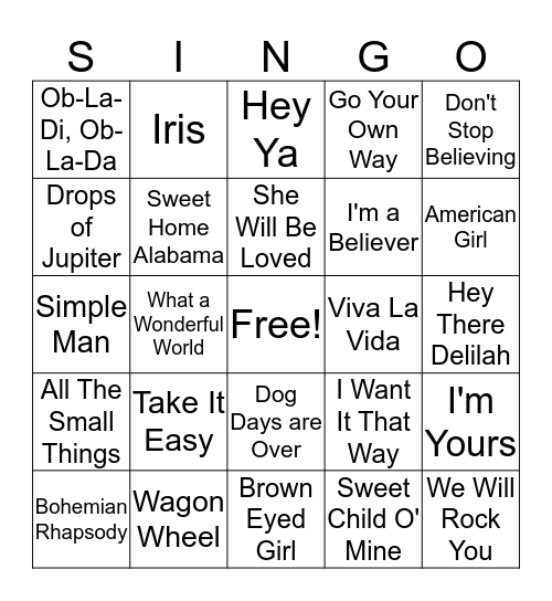 Campfire Songs Bingo Card
