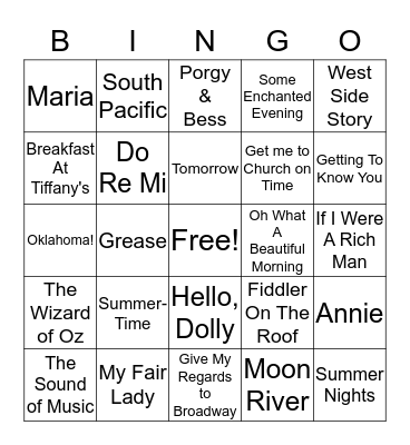 Musical Bingo! Songs of Musicals/Broadway Bingo Card