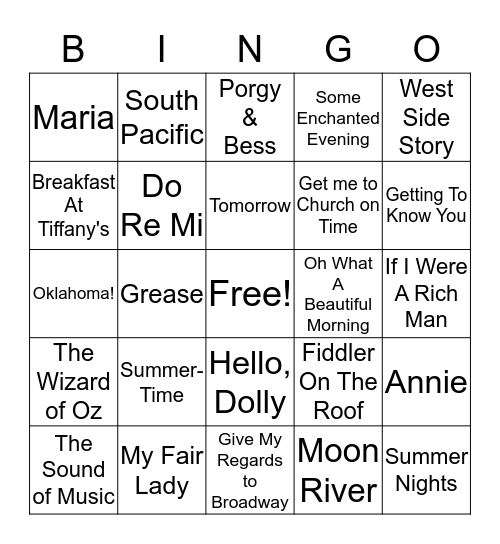 Musical Bingo! Songs of Musicals/Broadway Bingo Card