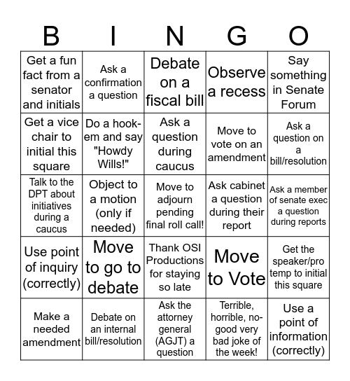 Senate Bingo Card