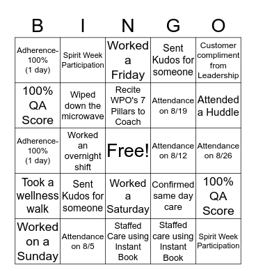 BUCA Bingo Card