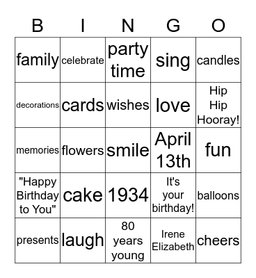 Irene's Birthday Bingo Card