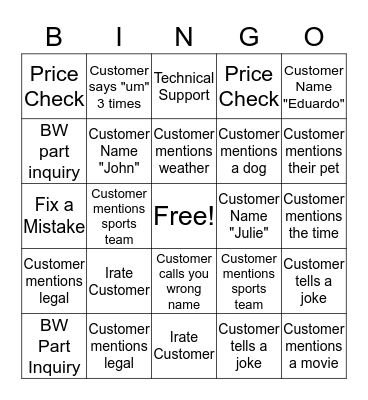 Phone Call Bingo Card
