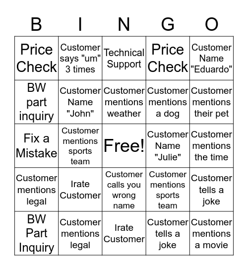 Phone Call Bingo Card