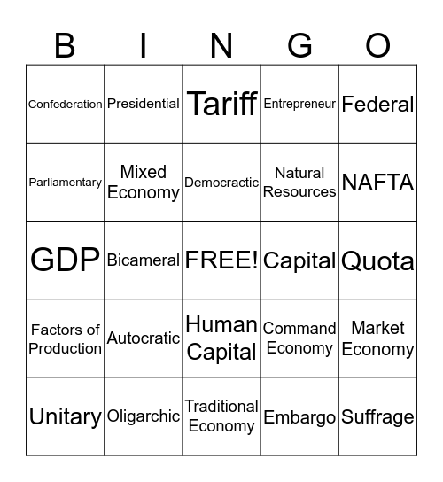 Government and Economics Bingo Card