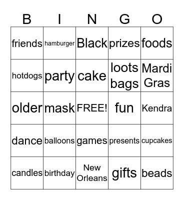 Kendra 's Mardi Gras Party Bingo Card