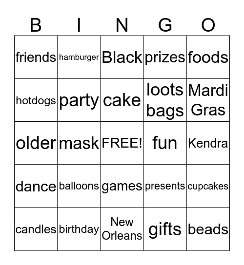 Kendra 's Mardi Gras Party Bingo Card