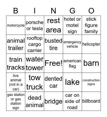 Car Trip Bingo Card