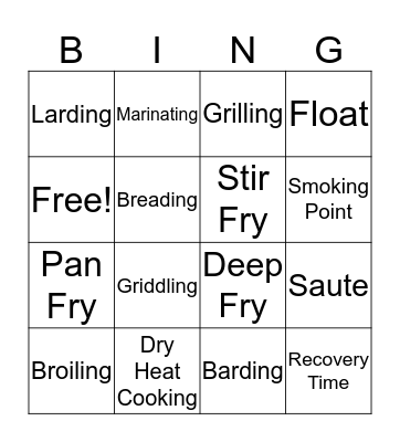 Dry Heat Cooking Bingo Card