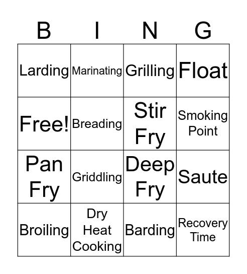 Dry Heat Cooking Bingo Card