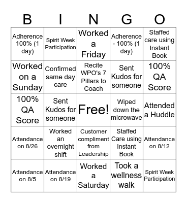 BUCA Bingo Card