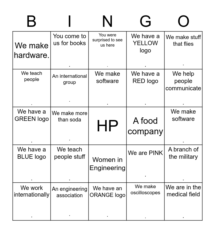 HP's Colorado Springs Engineering Summit Bingo Card