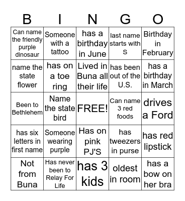 PJ Party Bingo Card