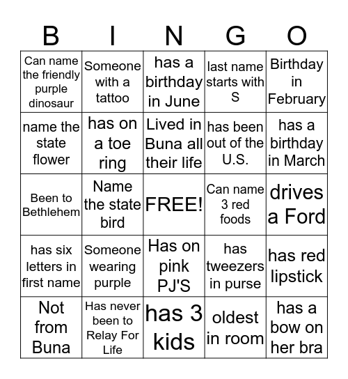 PJ Party Bingo Card