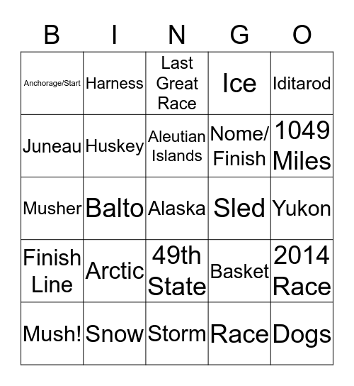 Sled Dog Bingo Card