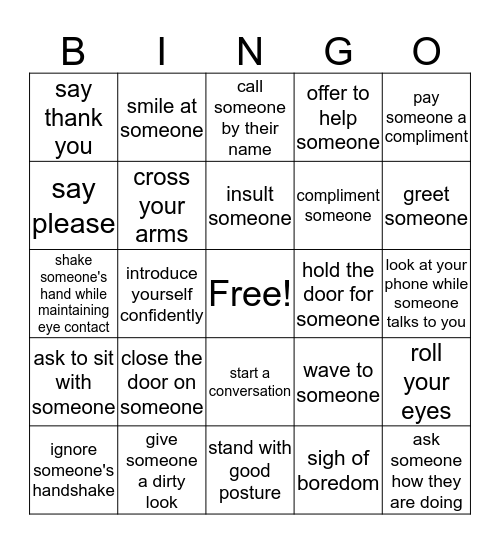 social skills bingo Card